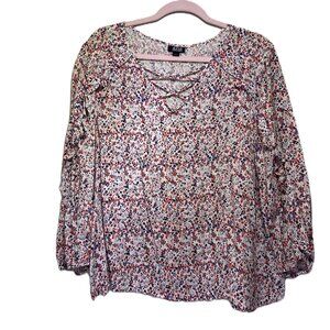 A.N.A. (A New Approach) XL Floral Blouse Lace-Up V-Neck 3/4 Sleeves Elastic Cuff